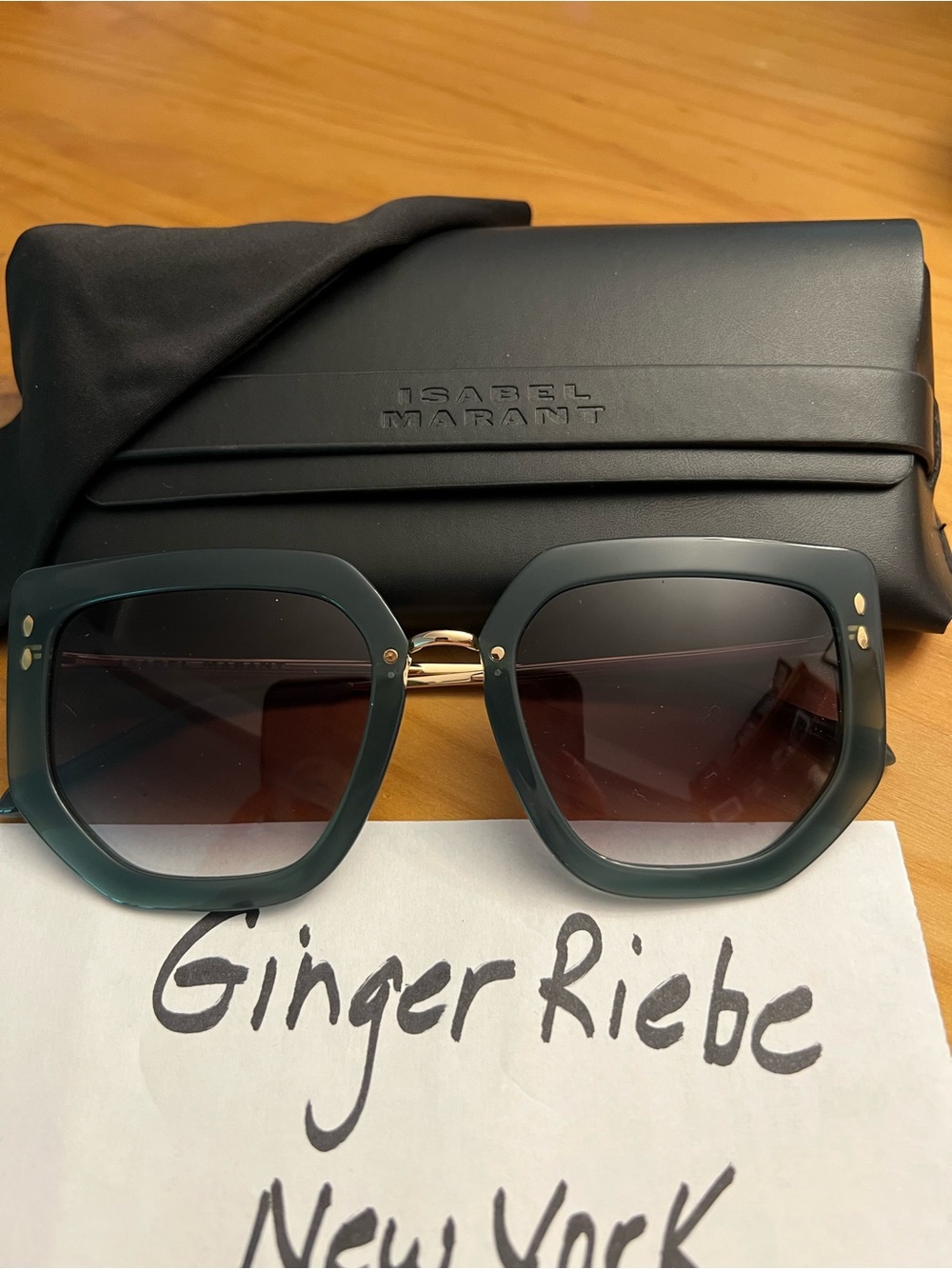 Isabel Marant Dark Green Square Sunglasses with Gold Accents